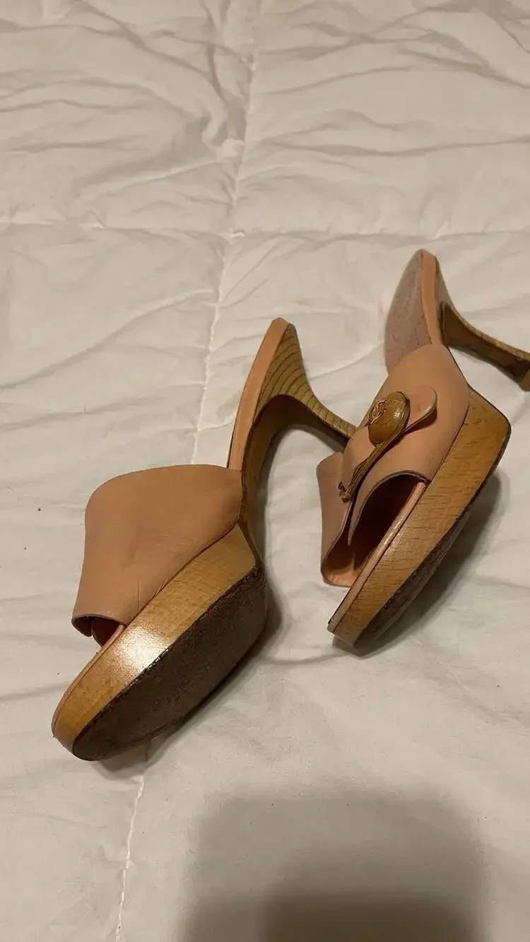 Chanel Vintage Wooden Platform Mule Heels in Beige Leather with CC Buckle Detail